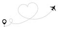 GPS route of love travel plane. A love journey that is tracked by the dotted line of the heart route. Romantic travel symbol for