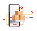 A GPS route with a pin to locate delivery location runs around parcel boxes placed on shelf in front of smartphone