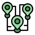 Gps route with three location pins showing destination points