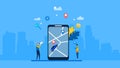 Gps system,location on the city map, navigation in the smartphone with Tiny People Character Concept Vector Illustration, Royalty Free Stock Photo