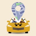 GPS taxi, navigation ordering service, Flat vector stock illustration with Taxi driver with passenger and map