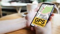 GPS tracking map on smartphone screen. Global positioning system, navigation concept. Royalty Free Stock Photo