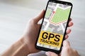 GPS tracking map on smartphone screen. Global positioning system, navigation concept. Royalty Free Stock Photo