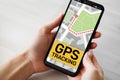 GPS tracking map on smartphone screen. Global positioning system, navigation concept. Royalty Free Stock Photo