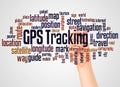GPS tracking word cloud and hand with marker concept Royalty Free Stock Photo