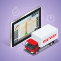 GPS truck. Geolocation gps navigation touch screen tablet and Fast delivery service