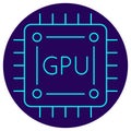 GPU Chip Icon. Minimalistic neon outline on a dark blue round background Royalty Free Stock Photo