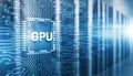 GPU chip icon over server rack background with circuit lines, high performance Royalty Free Stock Photo