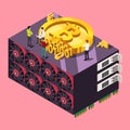 GPU mining Bitcoin concept. Isometric vector illustration