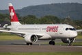 Swiss Airbus A220 HB-JCN lining up the runway in Graz