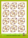 Logic puzzle game for children and adults. Find two identical cubes from matches. Printable page for kids brain teaser book.