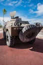 GrÃ¢ndola, PORTUGAL - 26 April 2023 - Perspective Chaimite military vehicle symbol of the 25th april revolution