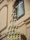 Grab a glass and make a toast. Champagne tower of flute glasses. Champagne and sparkling wine glasses. Serving champagne Royalty Free Stock Photo