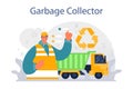 Grabage collector set. Cleaning worker emtying bin container into a garbage