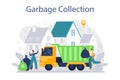 Grabage collector set. Cleaning worker emtying bin container into a garbage