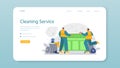 Grabage collector web banner or landing page. Cleaning worker emtying bin