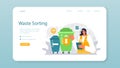 Grabage collector web banner or landing page. Cleaning worker emtying bin