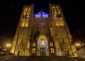 Grace Cathedral FaÃÂ§ade at Night in Nob Hill, in San Francisco Royalty Free Stock Photo