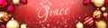 Grace and Christmas card, red background with Christmas ornament balls, snow and a fancy and elegant word Grace, 3d illustration