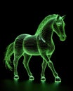 grace and power of a horse, depicted through a wireframe style, set against a colorful and radiant glow