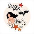 Grace wins . A beautiful mermaid is lying on the bottom of the ocean or the sea