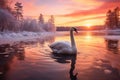 White swan on snow lake with ice Royalty Free Stock Photo