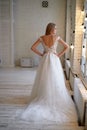 Graceful back of the bride. Looking out the window.Hairstyle - elegant bunch in the French style.