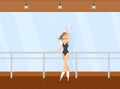 Graceful Ballerina Dancer in Black Leotard Doing Exercises at Barre in Dance Hall Vector Illustration