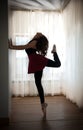 Graceful ballerina silhouette in ballet pose. Gorgeous ballet dancer performing, on pointes. Ballerina making her exercises