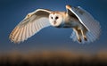 A barn owl in flight in blurred blue sky background, side view, generative AI