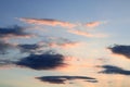 Graceful beautiful cirrus clouds in the morning blue sky during sunrise, partly tinted in orange Royalty Free Stock Photo