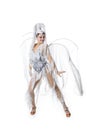 Beautiful young woman in carnival, stylish masquerade costume with feathers dancing on white studio background. Concept Royalty Free Stock Photo