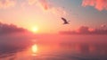 Graceful birds soaring over serene sea waters under a warm sunrise Royalty Free Stock Photo