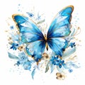 Graceful blue watercolor butterfly with golden accents surrounded by delicate flowers and foliage