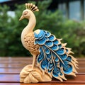 Graceful Blue Wooden Peacock Table Decor With Gentle Expressions