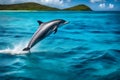 A graceful bottlenose dolphin leaping out of the azure waters, framed by a vibrant Caribbean seascape