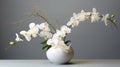 A graceful branch of a white orchid in a vase on a gray background.