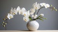 A graceful branch of a white orchid in a vase on a gray background.