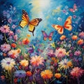 Graceful Butterflies Dancing Amongst Colorful Flowers in a Serene Garden