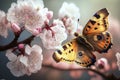 A graceful butterfly basks in the freshness of springtime, delicately perched atop a pink cherry blossom, made with generative ai