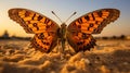 Graceful butterfly resting on soft sandy beach, exquisite macro photography capturing serene beauty