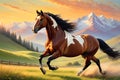 Graceful Canter: Horse Engaging in a Trot Across a Serene Meadow - Ideal for Wall Decoration in Oil Painting