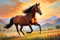 Graceful Canter: Horse Engaging in a Trot Across a Serene Meadow - Ideal for Wall Decoration in Oil Painting