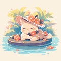 vector cat sitting in a fountain of water with flowers