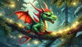 Graceful Christmas dragon: A bright green bauble with an enchanting red mane swings from the tree, promising festivities Royalty Free Stock Photo