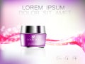 Graceful cosmetic ads, hydrating facial cream for annual sale. Violet cream mask bottle on glitter particles with elegant