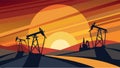 The graceful curves and sharp angles of the oil derricks silhouetted against the colorful canvas of a sunset.. Vector