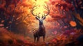 Graceful deer amidst vibrant autumn forest painted in shades of orange and golden hues