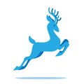 Graceful deer with antlers jumping and grazing. Vector illustration of blue fairy deer silhouette in flat style on whit