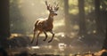 Graceful deer in nature, featuring elegant leaps and stills amongst the trees. Generative AI